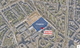 Luftbild mit Plangebiet in blau und Treffpunkt für den Rundgang in rot (Kartengrundlage: https://maps.duesseldorf.de/, Zugriff 23.08.2022)