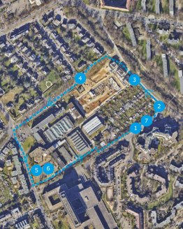 Routenführung des Rundgangs mit einzelnen Stationen in blau (Kartengrundlage: https://maps.duesseldorf.de/, Zugriff 29.11.2022)
