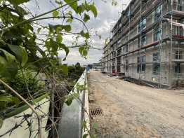 Blick von der Otto-Petersen-Straße in die Willi-Aengevelt-Straße (im Bau) zur rechten und dem Kleingartengelände zur linken Seite
